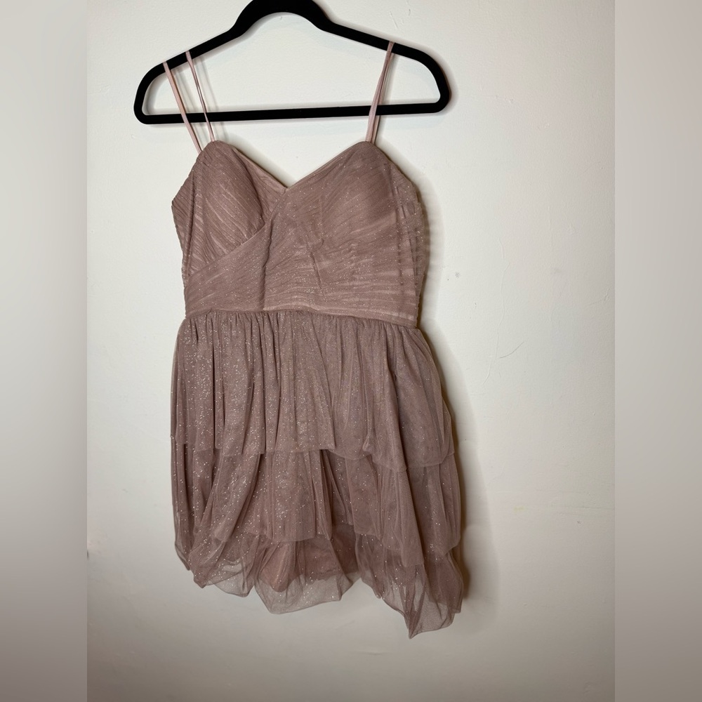Aidan Mattox Strapless Sparkle Tulle Dress | Size 12 (Fits 8/10) | Nude + Silver